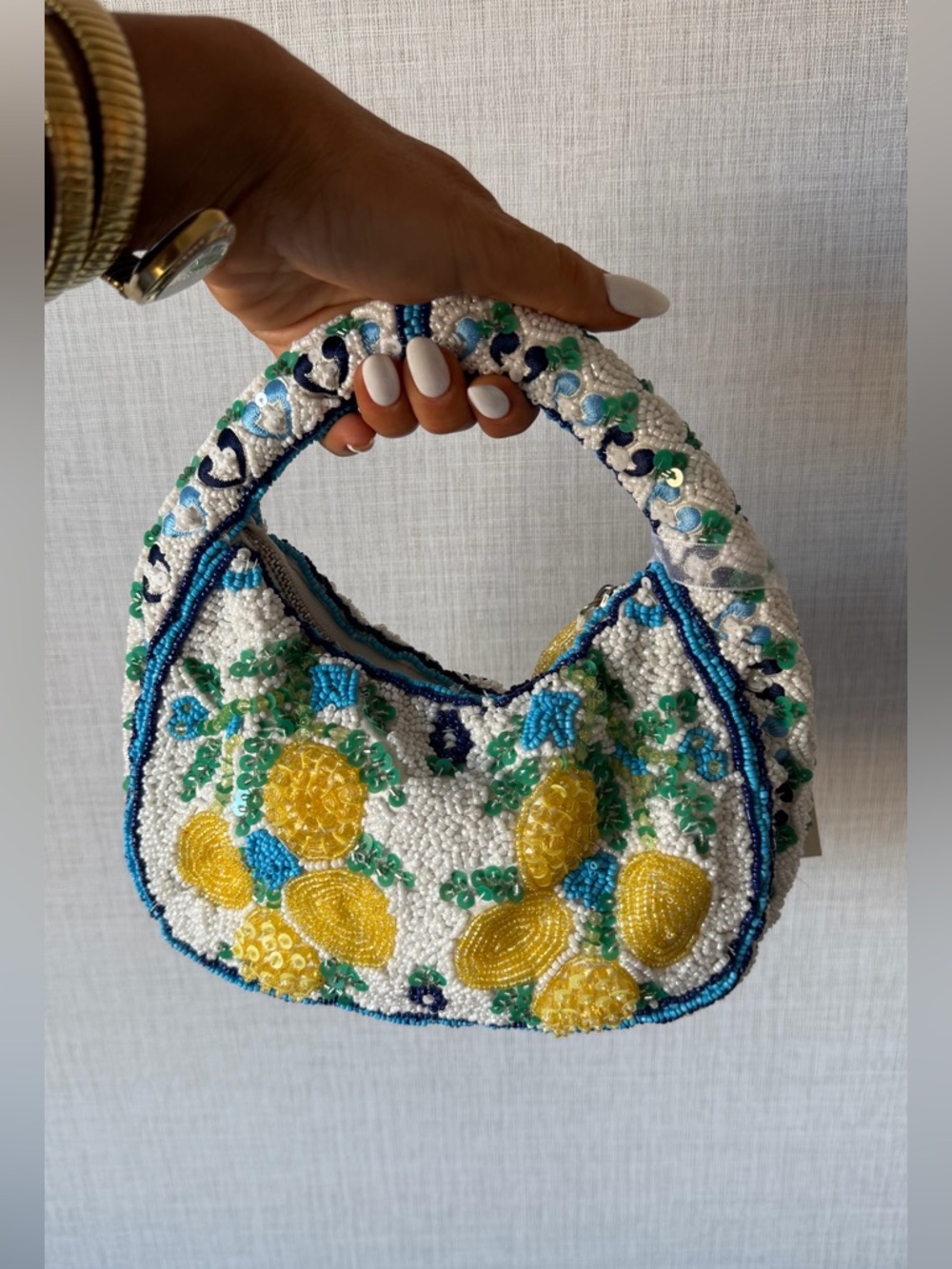 Beaded Lemon Accent Small Hobo Bag in White and Yellow